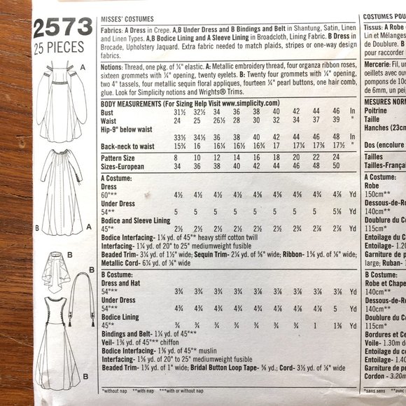 Simplicity 2573 Renaissance Gown, Hat, Veil Costume Pattern - Picture 3 of 4